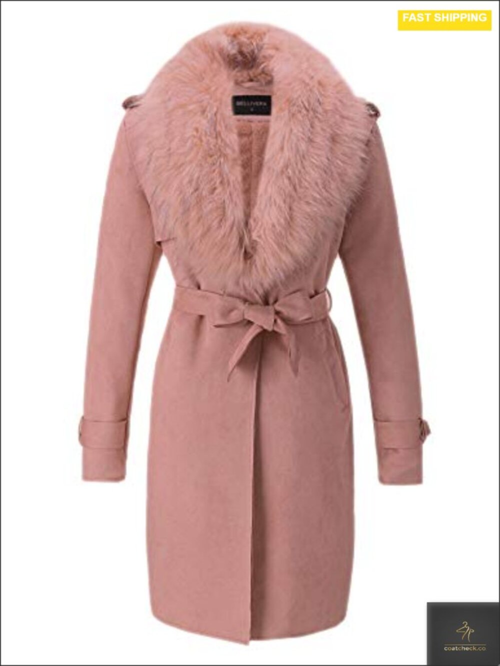 Faux Suede Fur Collar Fleece Lined Belted Trench Coat Long Sleeve Winter